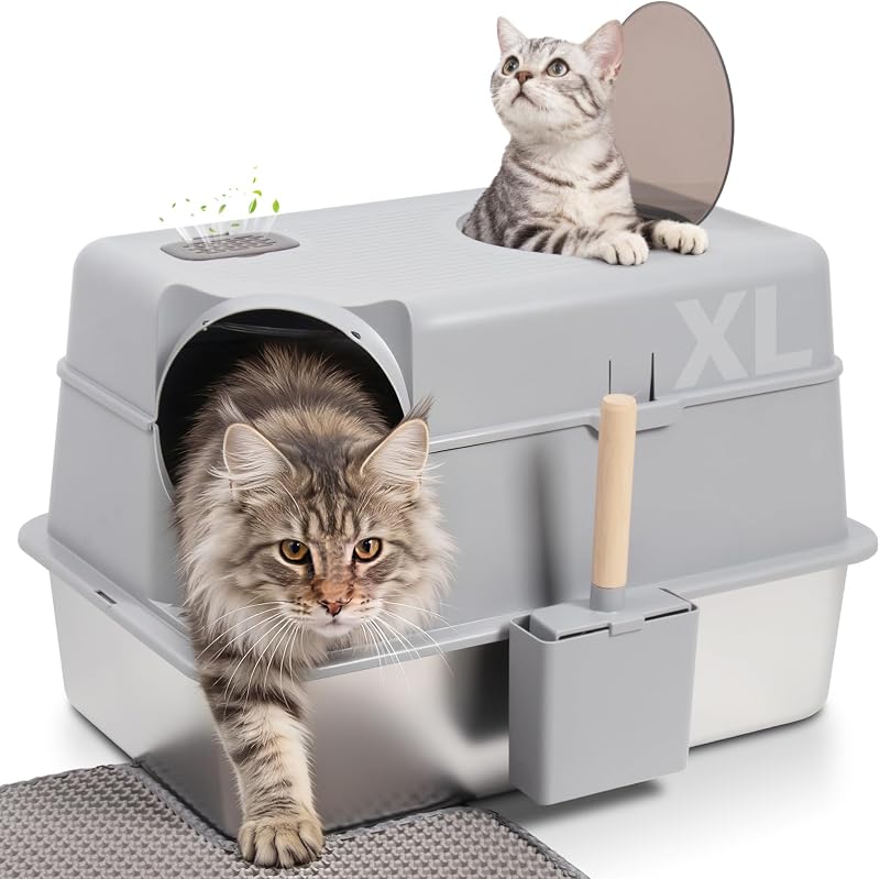 Caixa de Areia para Gatos em Aço Inoxidável com Tampa, Entrada Frontal e Superior Exovyn 60,45 x 40,13 x 40,13 cm
