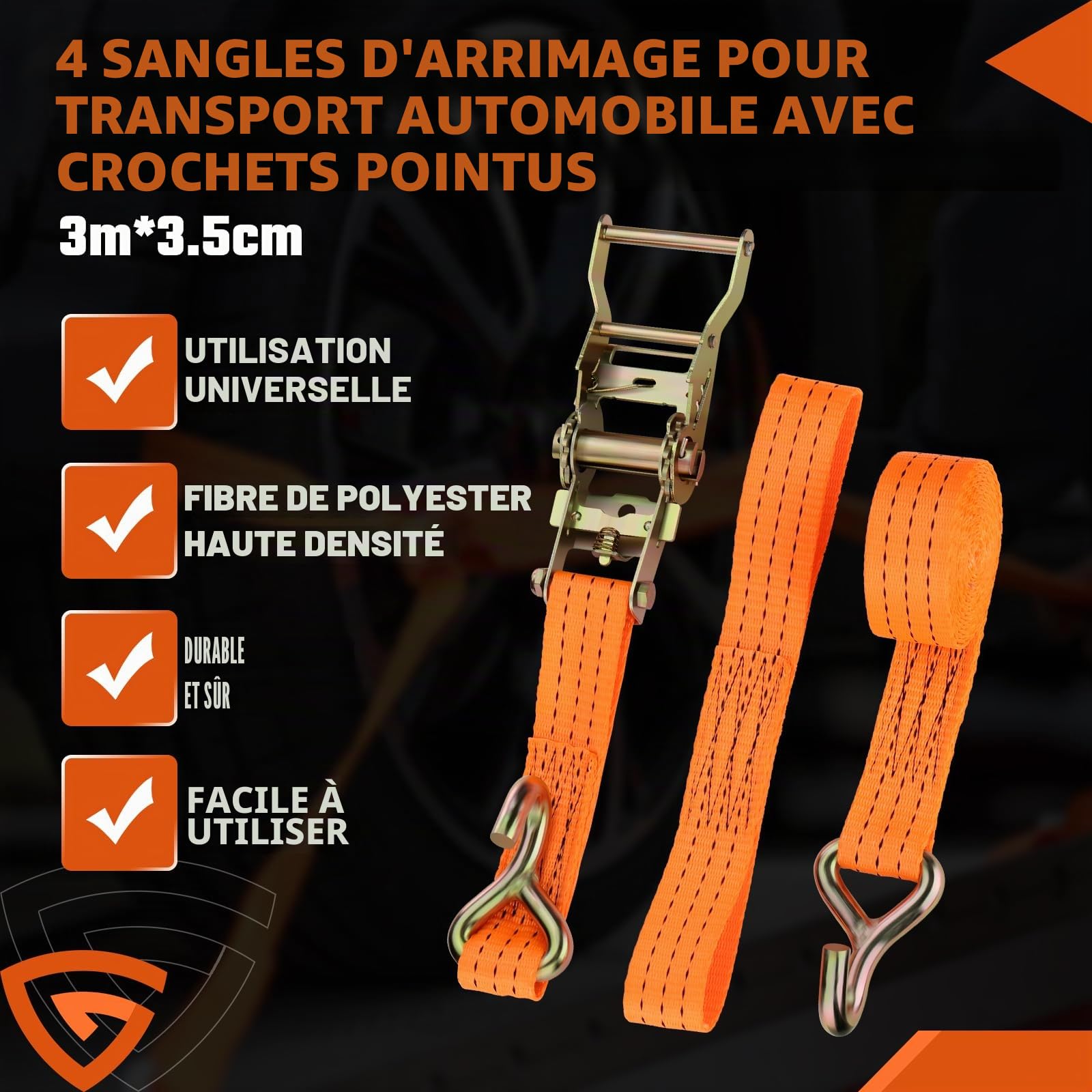 GEARMONSTER Lot de 4 sangles d'arrimage pour transport de voiture, 3 m, 35 mm, 2000 daN, sangle d'arrimage à cliquet avec crochet pour la sécurité des roues sur remorque, voiture, véhicule