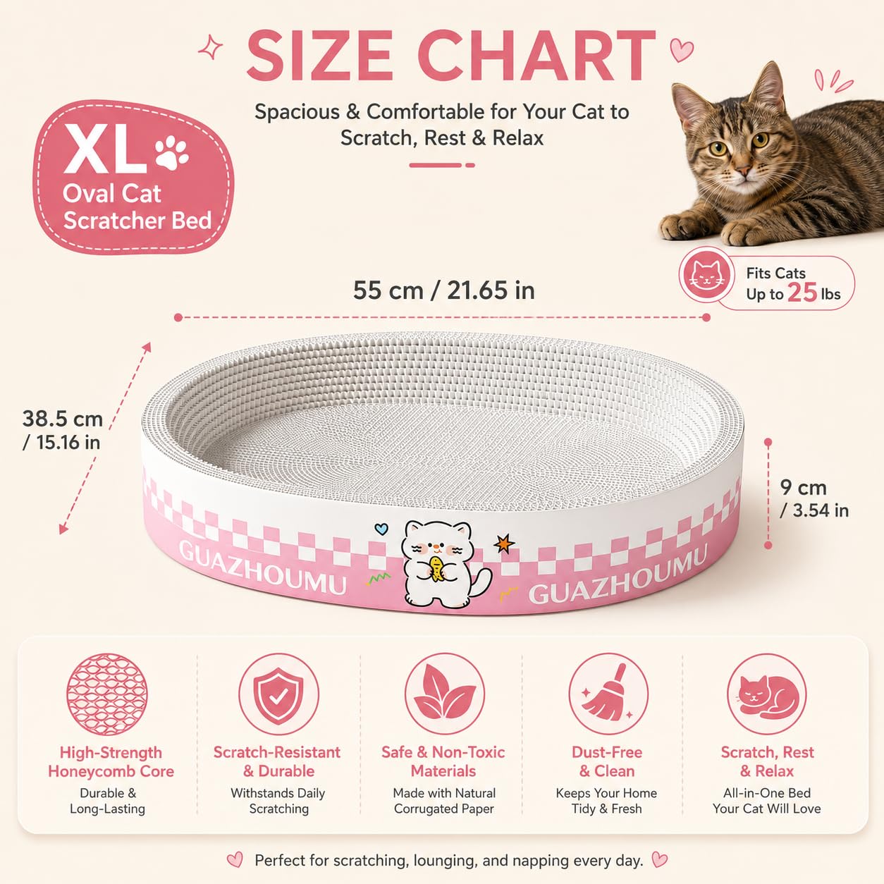 XQLY - Tiragraffi ovale XL, 2 in 1, in cartone ad alta densità, protezione per mobili per gatti da interni, adatto fino a 11,3 kg, 55 x 38,5 x 9 cm