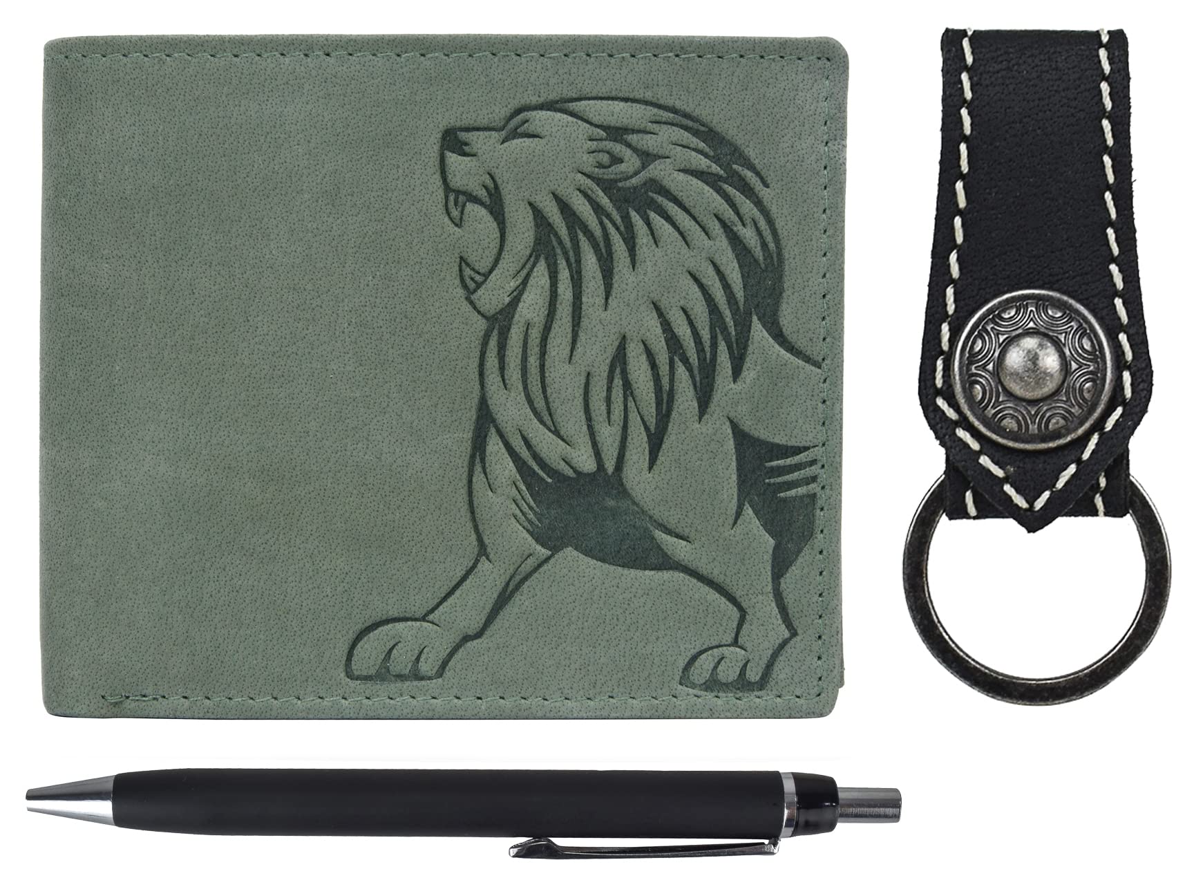 URBAN FOREST Green Leather Wallet + Black Pen + Keychain Combo Gift Set for Men - Image 1