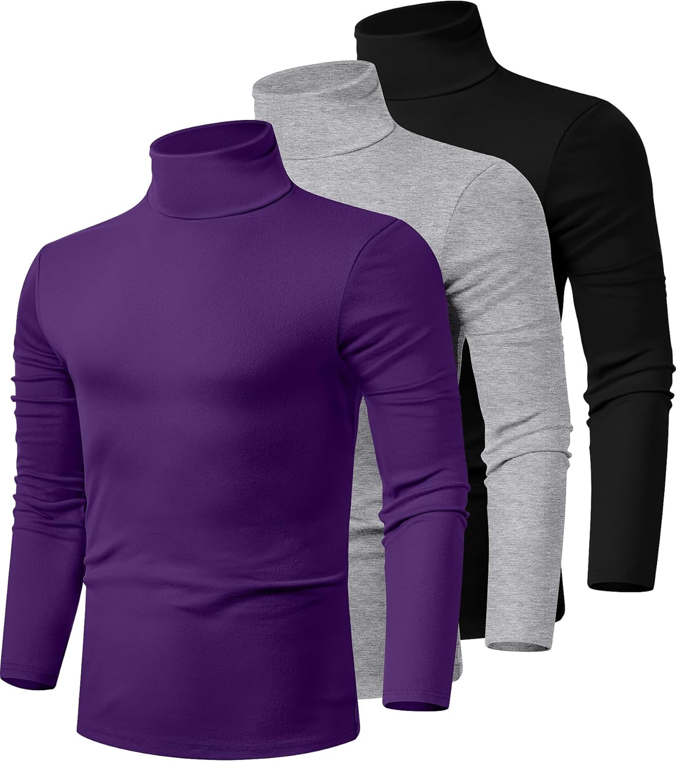 Ficerd 3 Pack Men's Turtleneck Shirts, Long Sleeve Cotton Pullover Sweaters Mock Neck Knitted T-Shirt Basic Slim Fit Tops