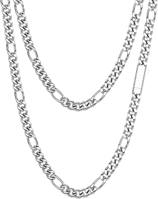 Stainless Steel Figaro Chain Necklace for Men with Secure Easy-To-Use Clasp 18K Gold Plated/Silver Mens Necklace Durable Non Tarnish Jewelry Chain 5mm Width, 18-26 Inches, Gift Box