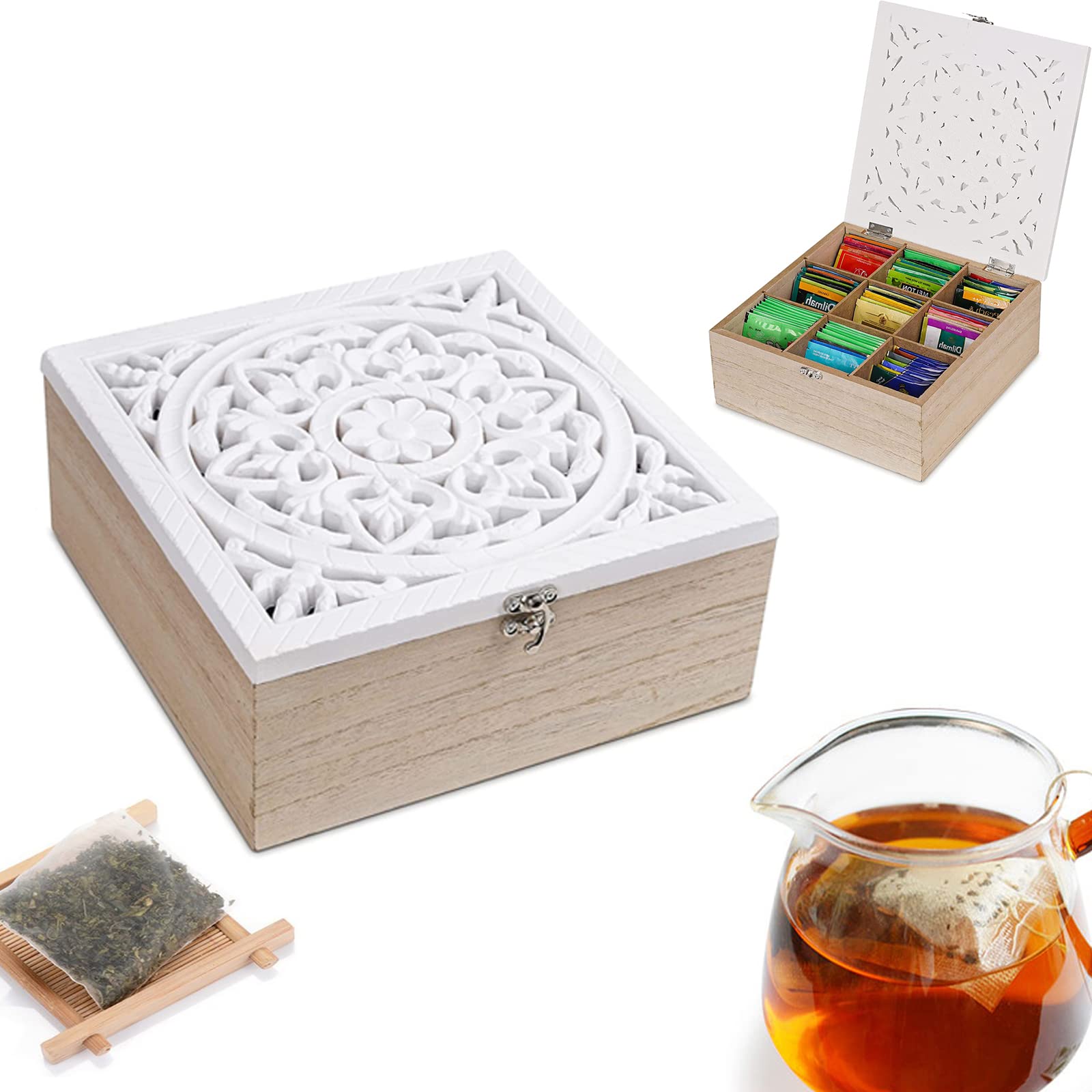 Buy Tea Bag Organizer, 3 x 3 Large Volume Oriental Wooden Tea Bag Box