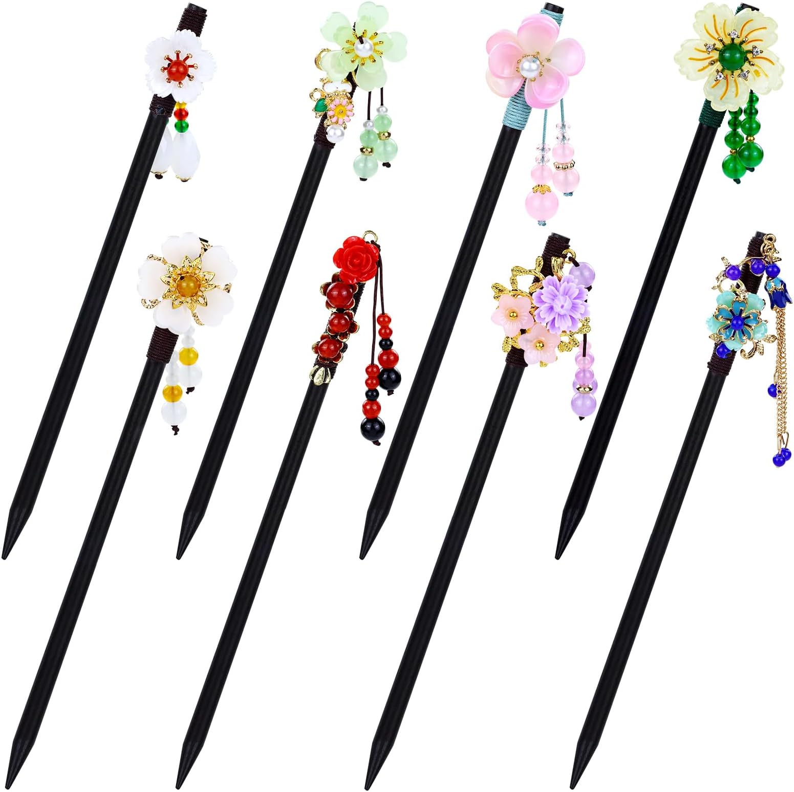 inSowni 8 Pieces Vintage Retro Asian Japanese Chinese Traditional Hanfu Flower Wooden Hair Sticks with Bead Pendants Hair Pins Forks Chopsticks Headpieces for Women Girls Teens Buns Updos