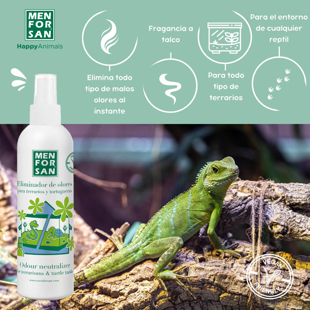 MENFORSAN Eliminador de olores terrarios | Elimina y Erradica los Malos olores | Fragancia Talco Natural | para el Entorno de Cualquier Reptil | 250 ml