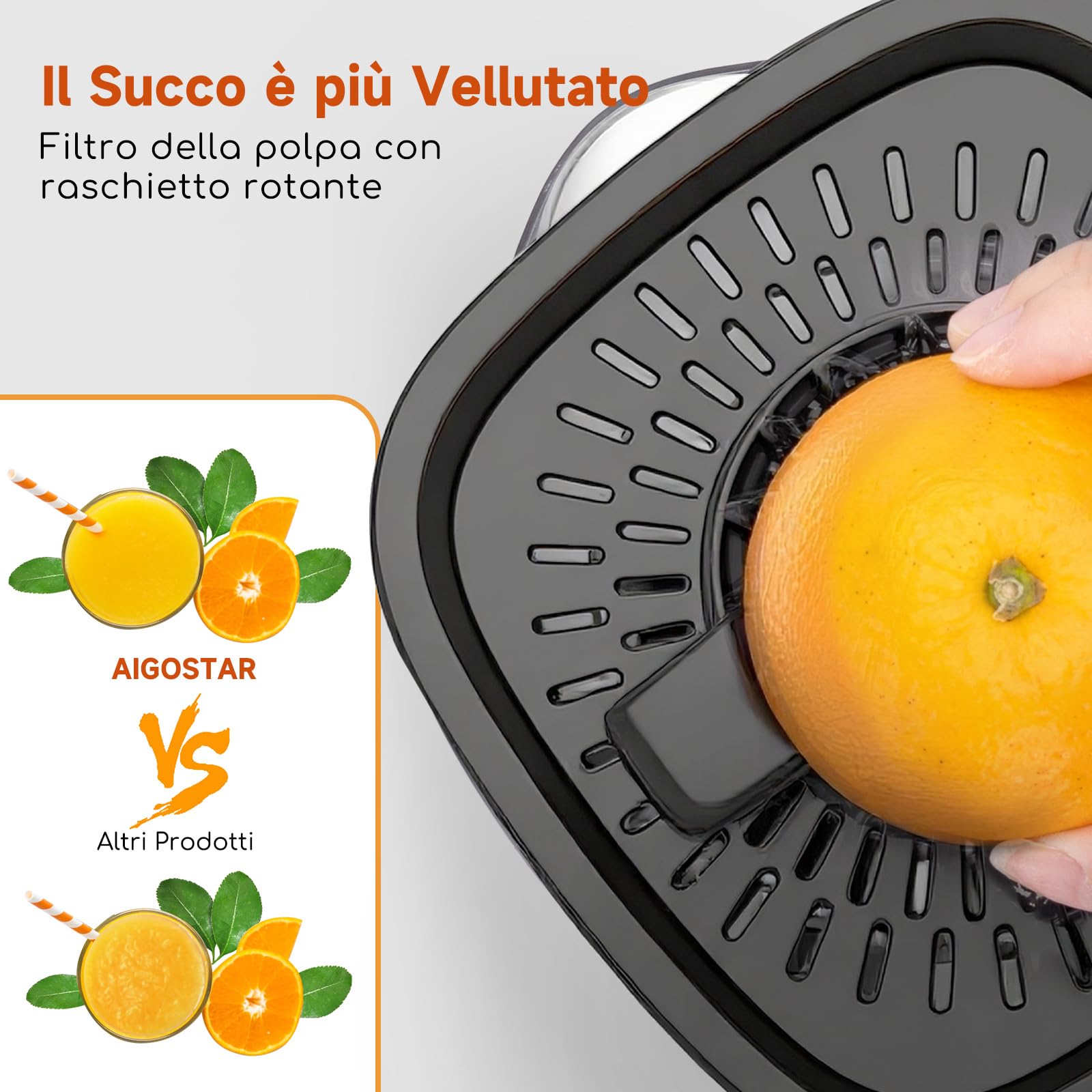 Aigostar Spremiagrumi Elettrico, 1,2L, Spremiagrumi con indicatore LED, 40W, 2 coni staccabili, Doppio Senso di Giro, Base in acciaio inox, Nero, Juicy