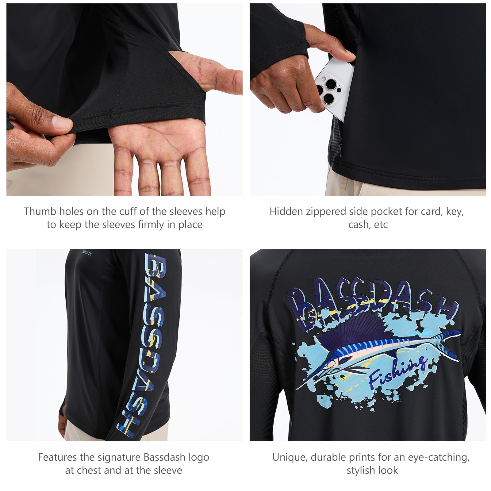 Bassdash Sudadera con Capucha Hombre con Mascarilla, UPF 50+, Estampado de Pesca, Manga Larga, Tejido Técnico Transpirable y Secado Rápido, Modelo FS47M