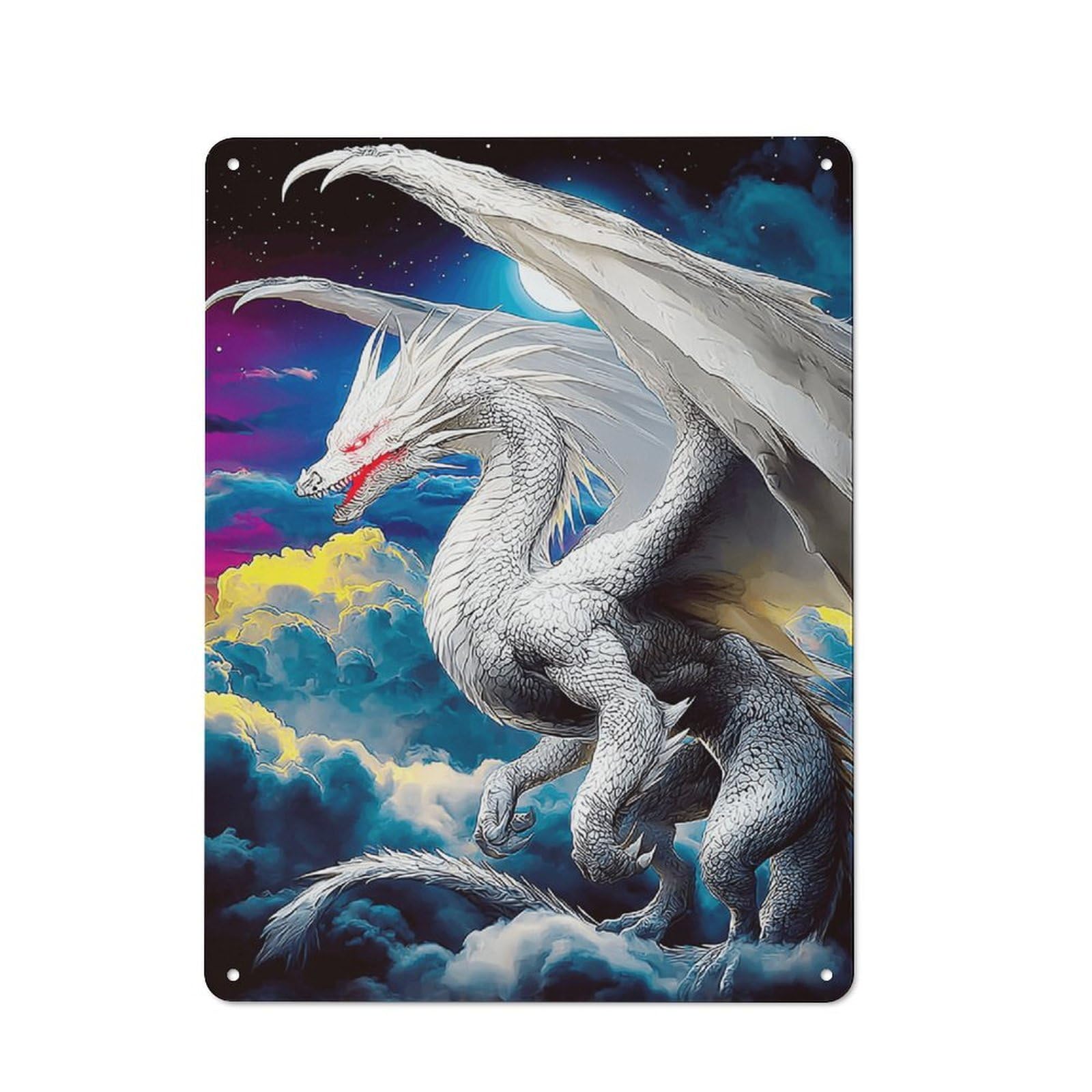 Junmoney White Dragon Soaring In The Sky Rustic Tin Wall Plaque 40X30cm Featuring For Pub Or Café, A Decorative Christmas Gift For Café Interior Fans
