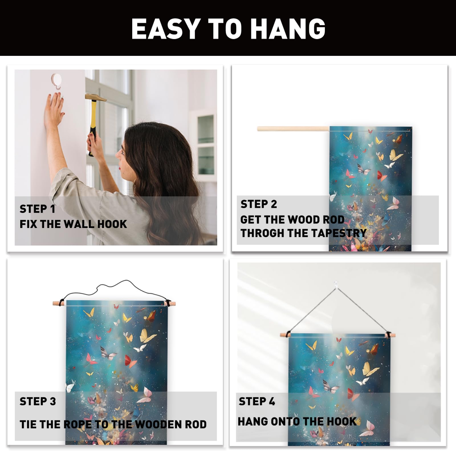 PLIGREAT Confezione da 2 arazzi colorati da parete a forma di libro con farfalle, creativo, lungo, verticale, da appendere alla parete, con nappe, per camera da letto, soggiorno, amanti dei libri