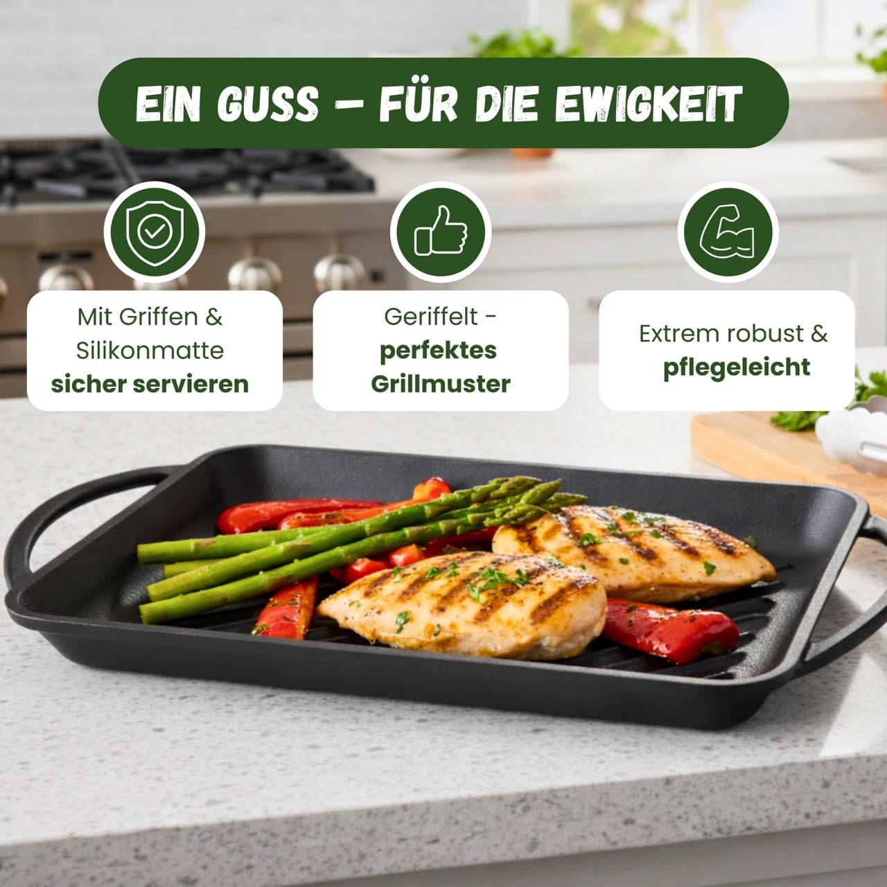 Grillplatte aus Gusseisen inkl. Silikonmatte - geeignet für Induktion, Gas, Ceran, Backofen, Grill und offenes Feuer (Primus)