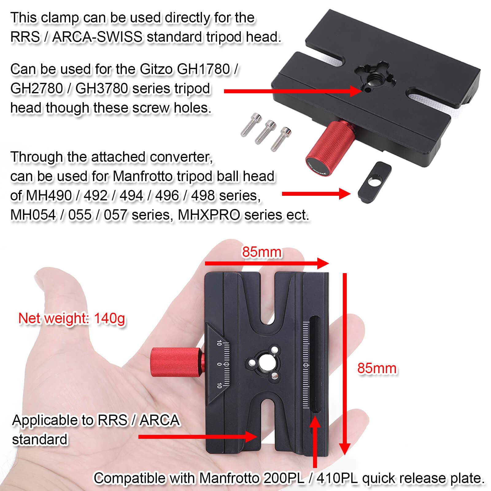 Adaptador de abrazadera de liberación rápida tipo Arca con perilla de palanca y agujero de tornillo de 3/8, compatible con cabezal de trípode estándar ARCA-SWISS y placa de liberación rápida,