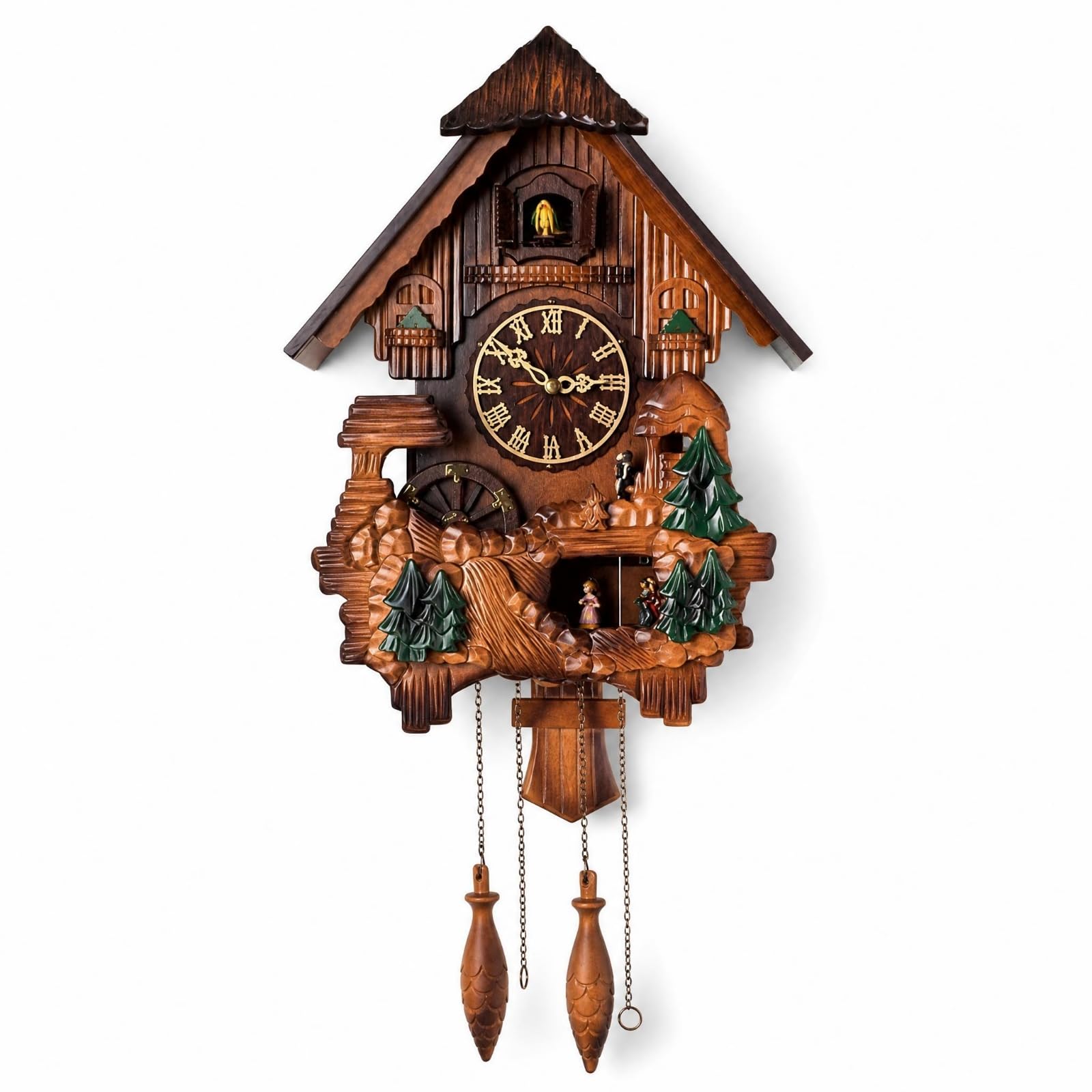 F Fityle Reloj de Pared Reloj con Reloj de Madera Reloj Colgante de Basswood con Forma de Casa con Cadena Colgante y Pesas con Aspecto de Adecuado para Sala de, 518 Esfera Romana