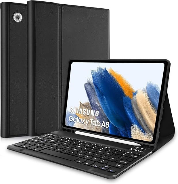 Keyboard Case for Samsung Galaxy Tab A8 10.5 (SM-X200/X205/207)2022, UK layout Keyboard, Slim Smart Cover with Detachable Keyboard and Pencil Holder, Bluetooth Keyboard with Case for Samsung A8-Black