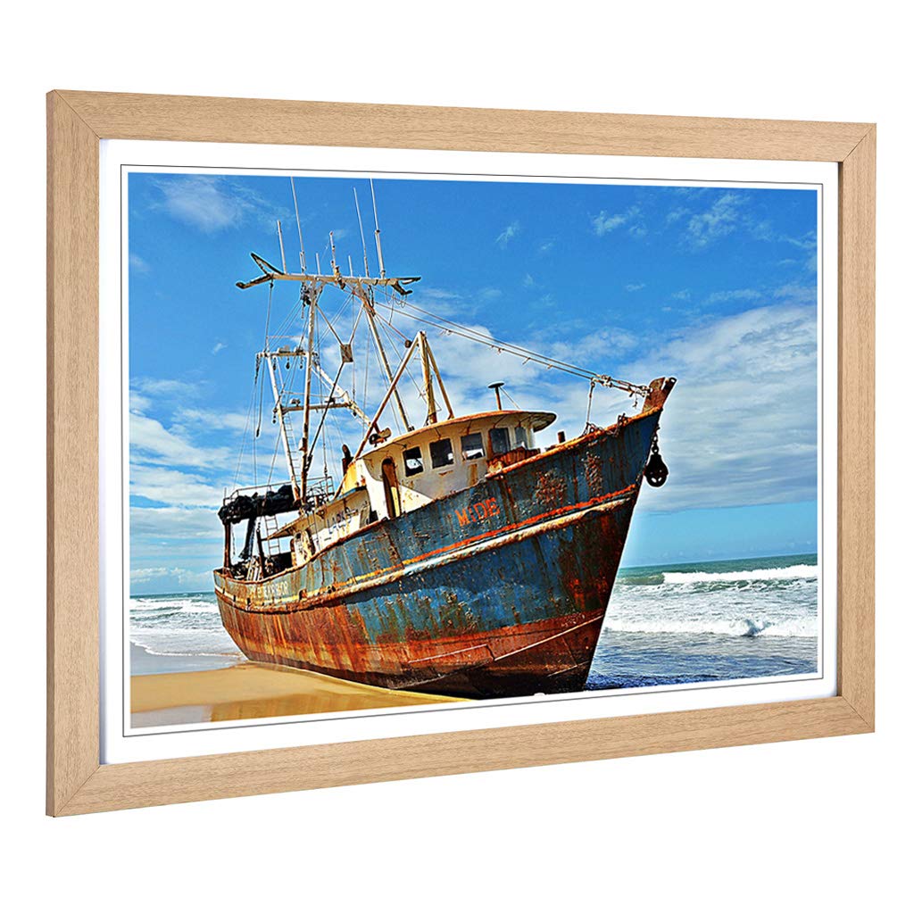 Big Box Art Framed Print of Stranded Boat Wreck on Beach (1) Design | Wall Art Picture | Home Decor for Kitchen, Living Room, Bedroom, Hallway, Oak, A2 / 24.5x18 Inch / 62x45cm