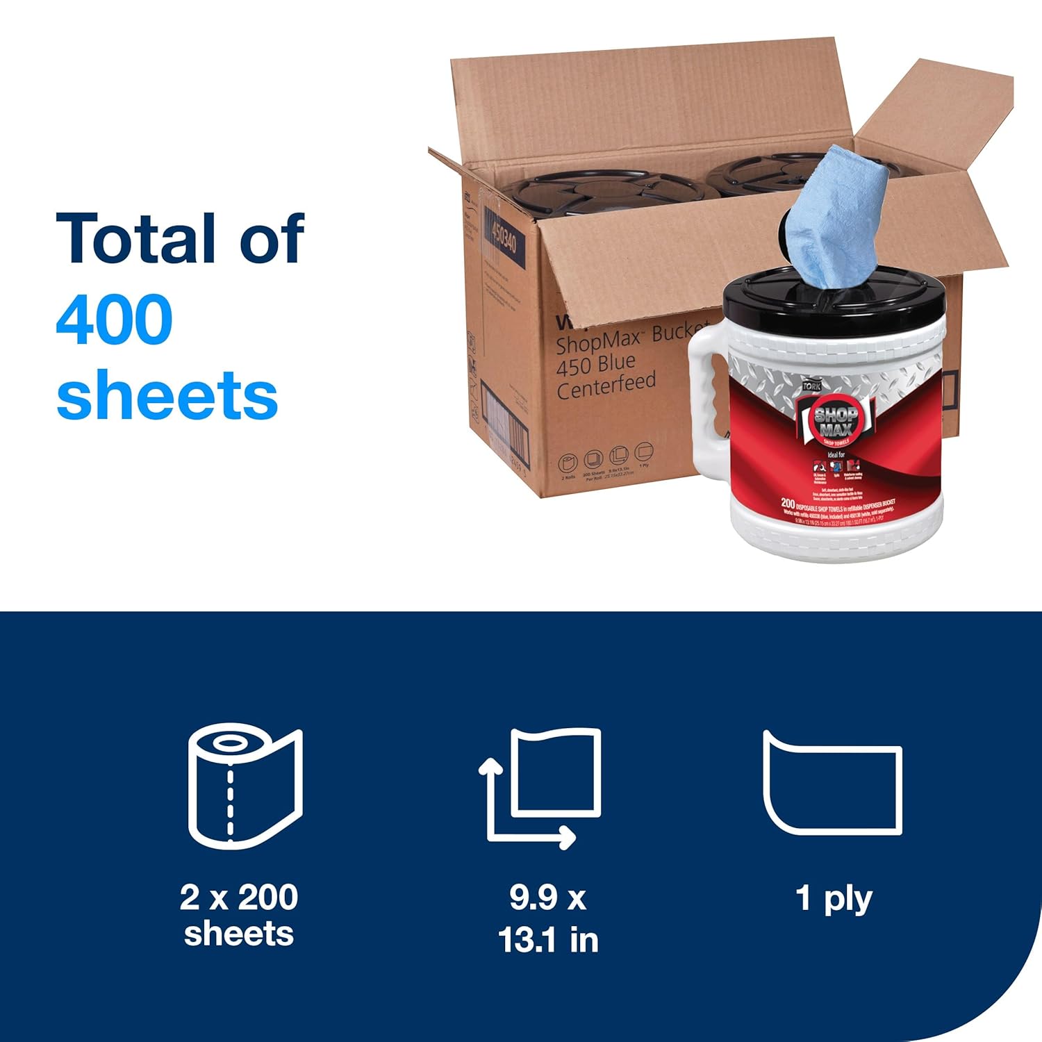 Tork ShopMax Heavy Duty Centerfeed Dry Wipe Bucket Blue W22, High Absorbency, 2 x 200 Wipes, 450340