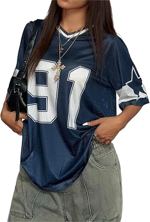 Fronage Women's Y2K Number 91 Print Jersey Oversized Baseball Jersey Short Sleeve Tops Streetwear T Shirt Aesthetic Clothes