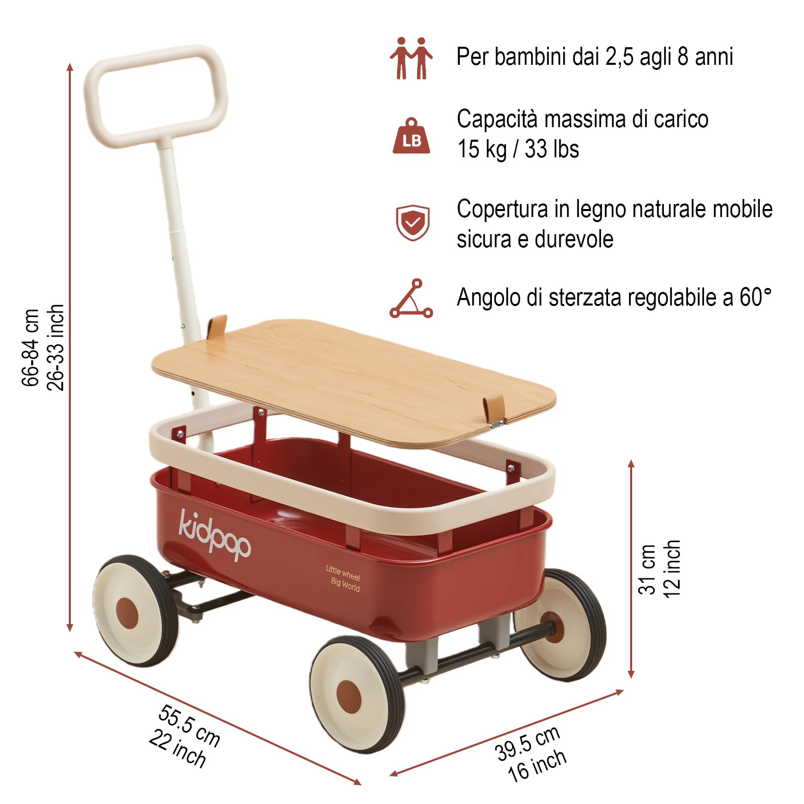 Kidpop PULA-Wild 3 in 1- Carrello a mano per bambini, 2,5-8 anni, copertura in legno rimovibile e manubrio regolabile, regalo di compleanno, peso massimo 16 kg, rosso