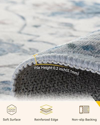 Miniatura 5 de Alfombras de 5 x 7 pies lavables antideslizantes, alfombra floral vintage con patrón de impresión envejecida y medallón, para sala de estar, azul