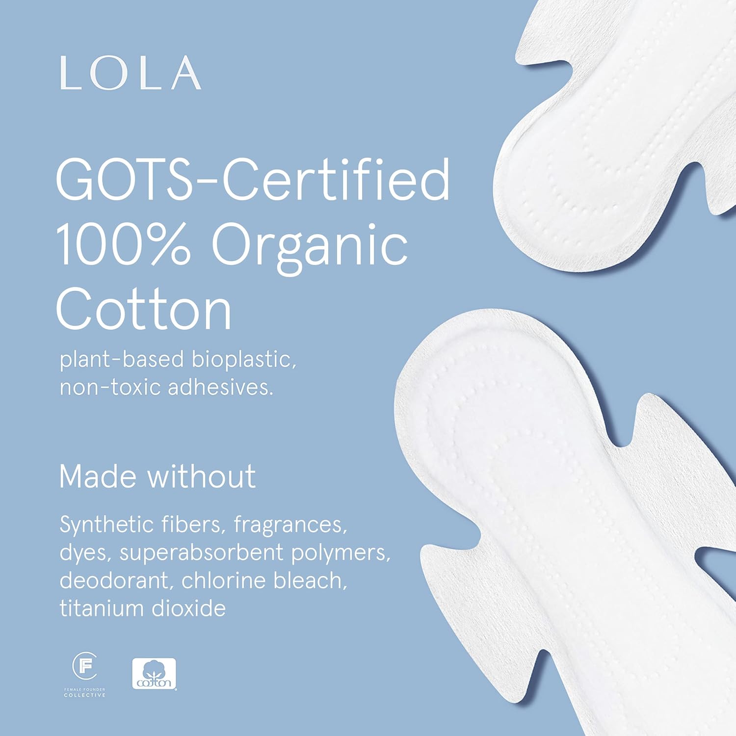 LOLA Cotton Pads - Ultra Thin Pads with Wings - Organic Cotton Hypoallergenic Material - Organic Panty Liners - 36 Count, Regular - Image 2