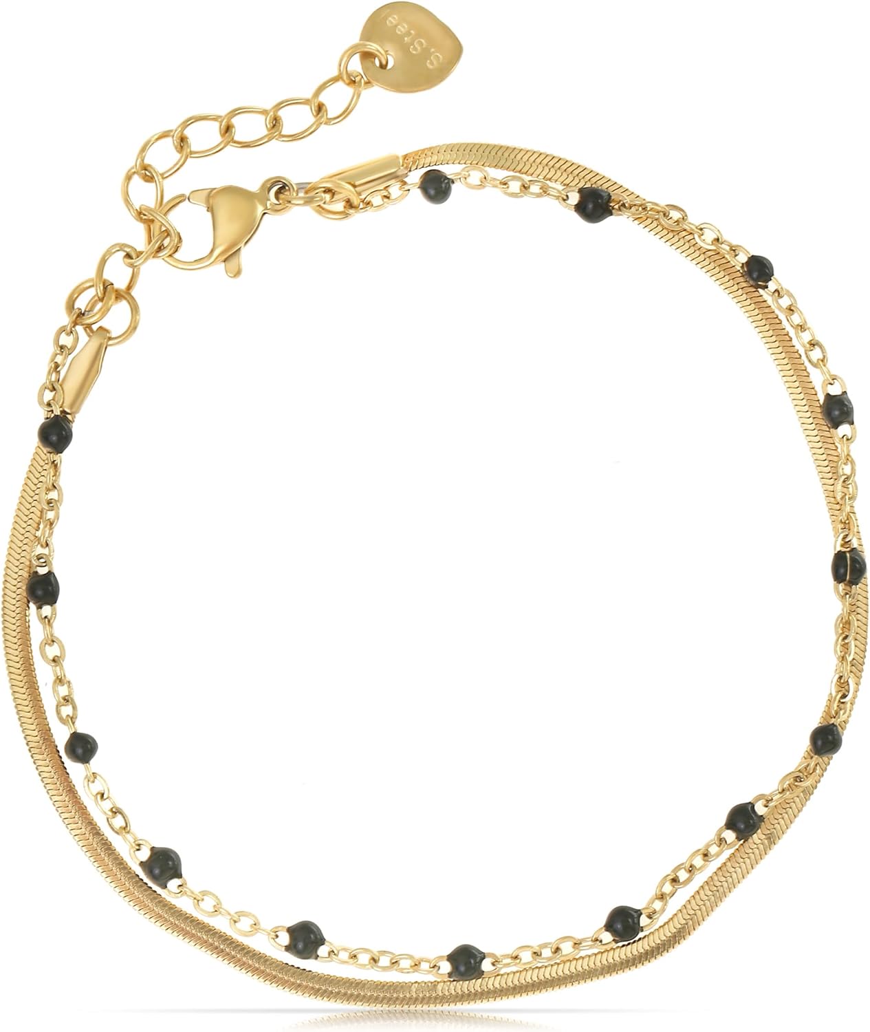 Made by Nami Dainty Gold Link Bracelets for Women Adjustable Double Layered Gold Chain Bracelet with Colorful Beads 7.5" + 2" Chain Extension