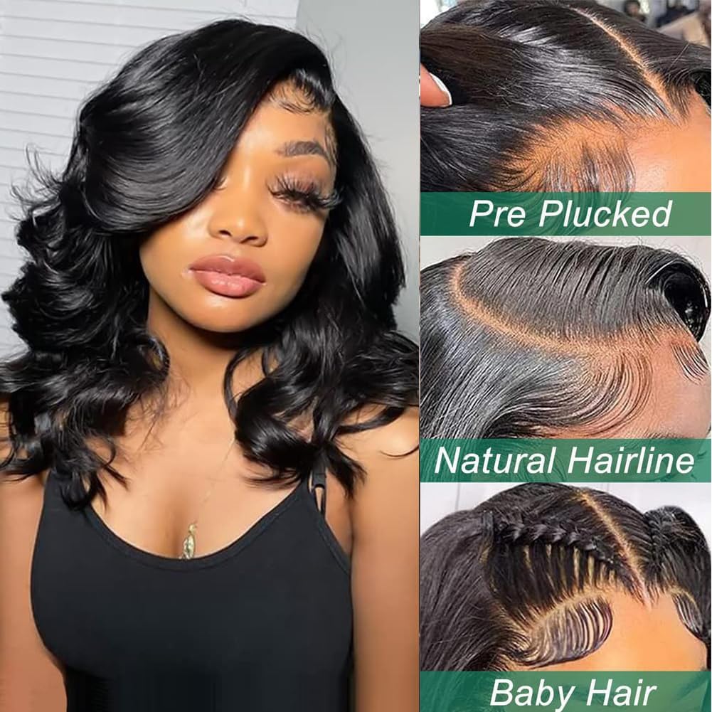 Douyin Bob Wig Human Hair 13x4 Lace Front Wigs Human Hair Pre Plucked Body Wave 180% Density 14 Inch HD Lace Frontal Short Glueless Wigs for Women (14 inch, Natural Black) - Image 2