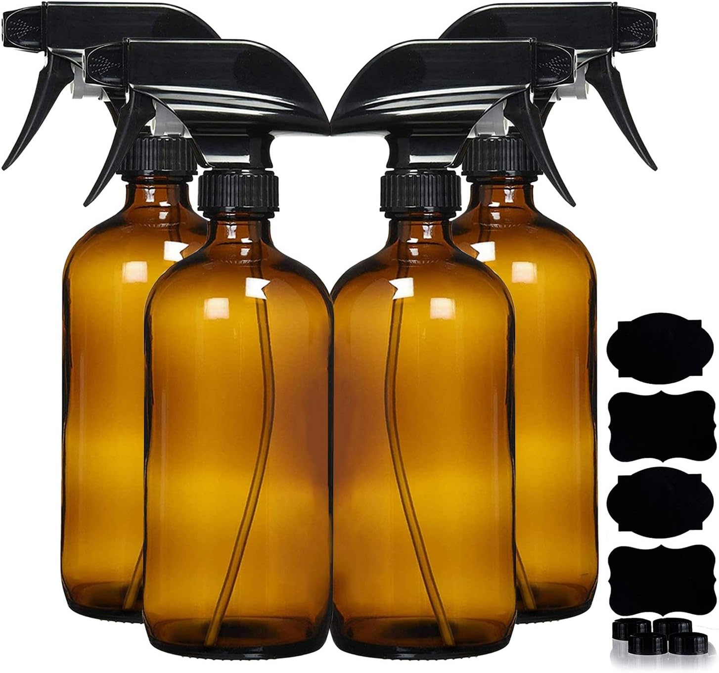 Homeries Amber Glass Spray Bottles For Cleaning Solutions (4 Pack) - 16 Ounce, Refillable Sprayer for Essential Oil, Water, Kitchen, Hair. Durable Black Trigger Sprayer w/Mist and Stream Settings