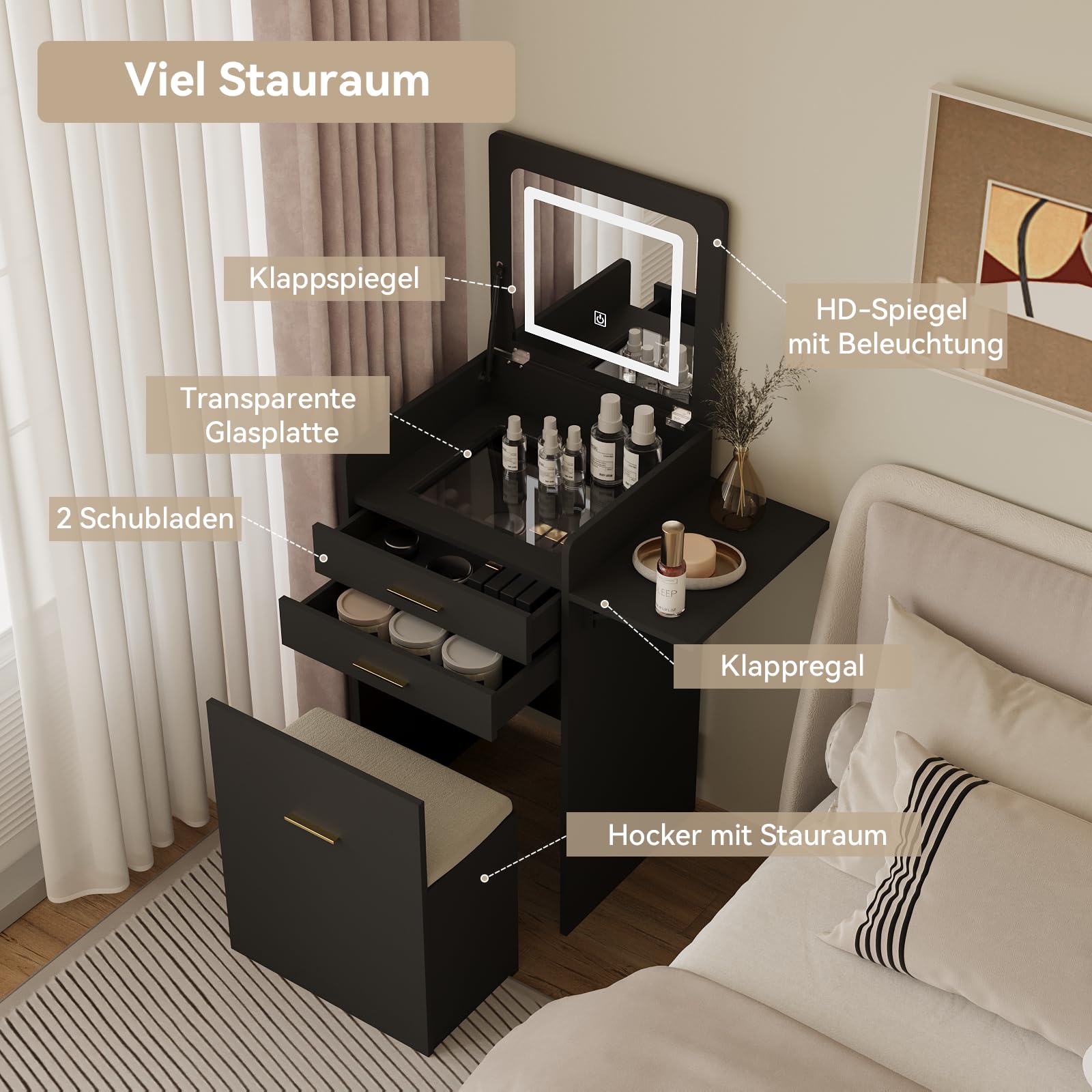 YU YUSING 3 in 1 Schminktisch mit Beleuchtung Spiegel, Klappbarer | 2 Schubladen, Glasplatte, Rollen Hocker, Eckschminktisch Kleiner Frisiertisch für Schlafzimmer, Schwarz