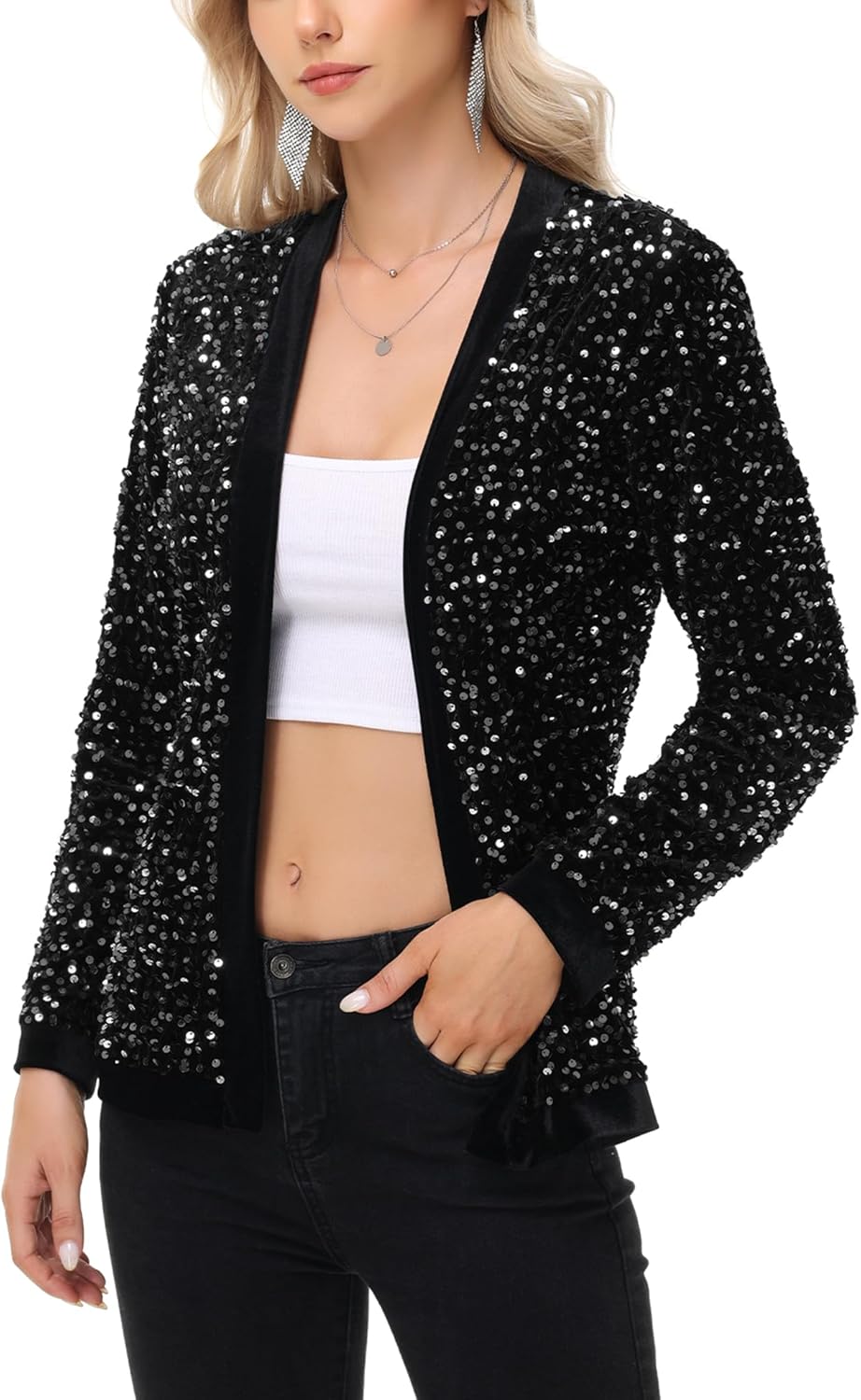 Anna-Kaci Women's Sparkly Sequin Cardigan Long Sleeve Open Front Glitter Party Sequin Blazer Jacket - Image 4
