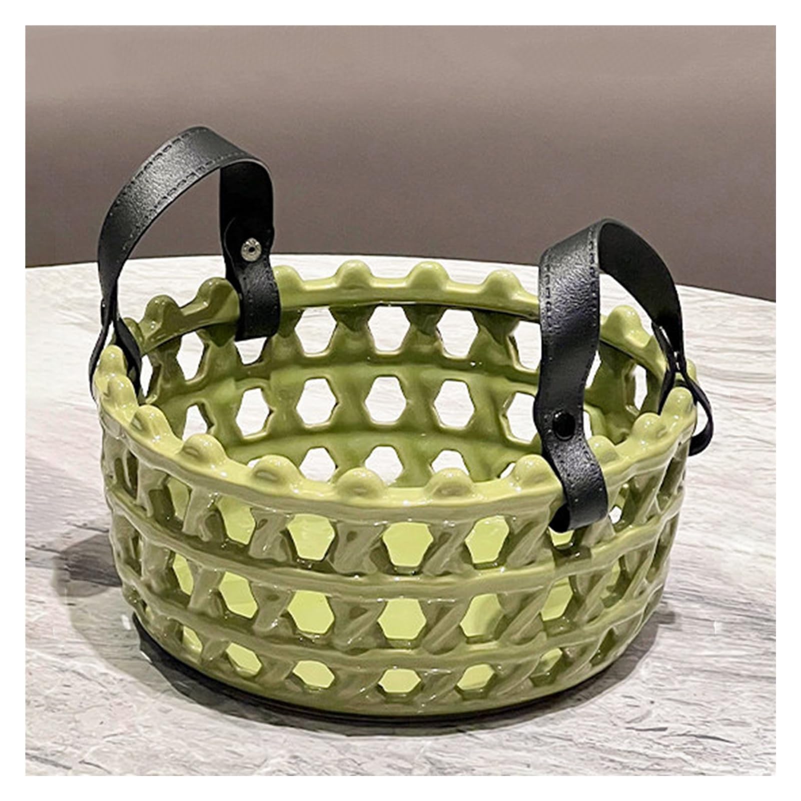 XCSDEW Ceramic Fruit Basket,Openwork Snack Tray,Nut Storage Box,Leather Handle,Suitable for Living Room Coffee Table(Green)