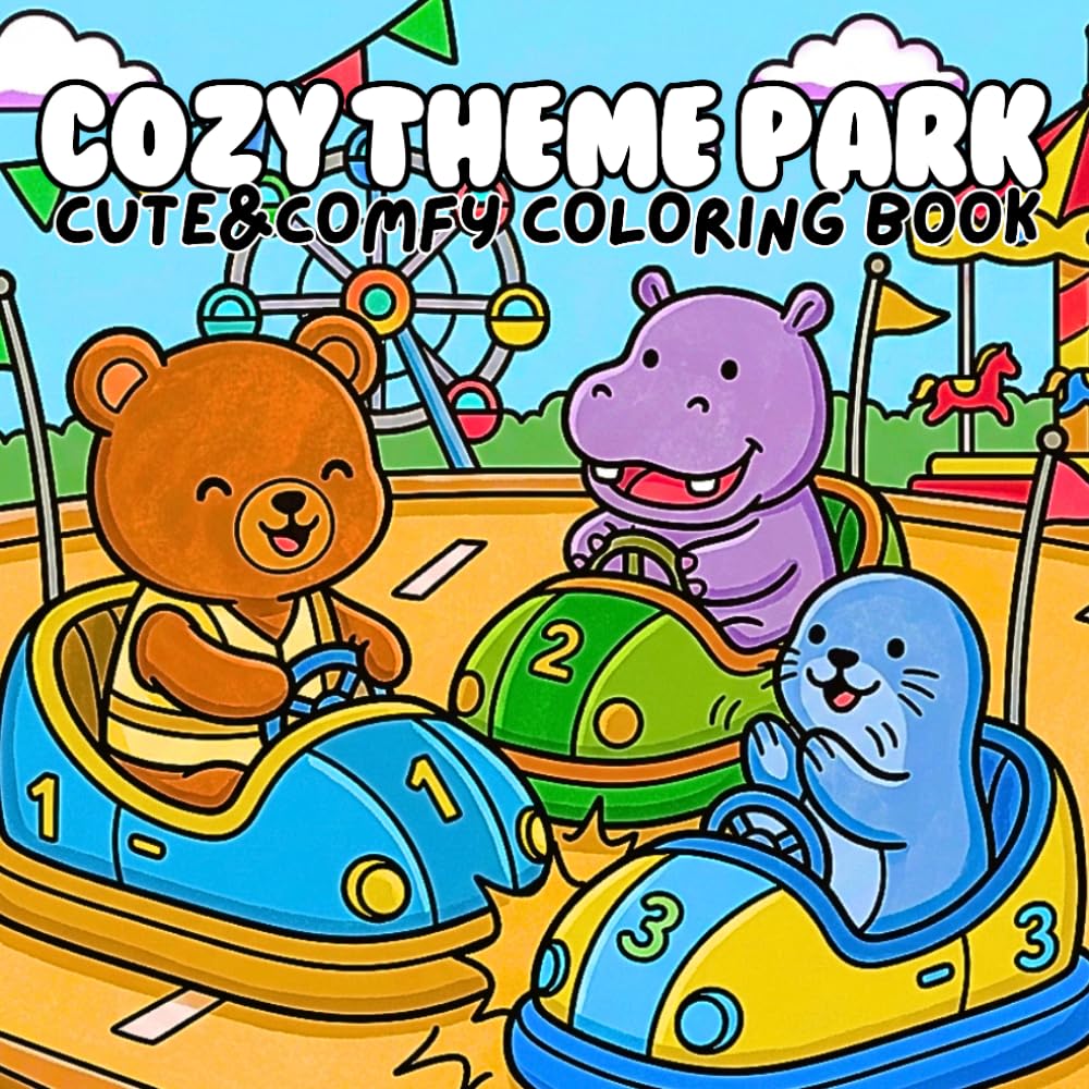 Cozy Theme Park Cute & Comfy Coloring Book: Bold and Easy Pages Featuring Adorable Animal Friends Enjoying Rides Games Parades and Sweet Theme Park Adventures for Stress Relief and Relaxation