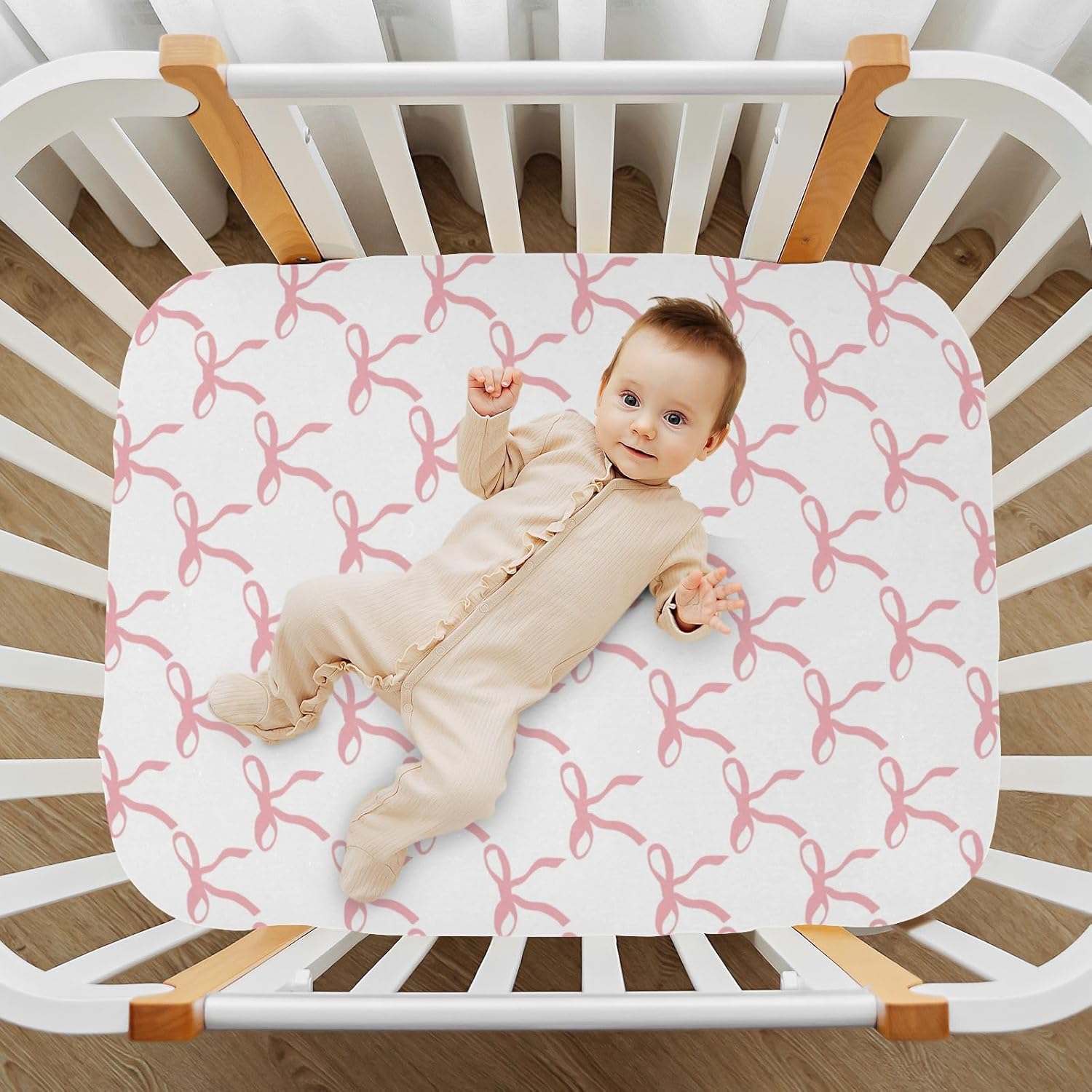 Pink Bows Crib Sheets for Boys Girl Coquette Pink Ribbon Bow Pattern Fitted Mattress Cover Watercolor Bowknotb Toddler Baby Bed Sheets Standard Unisex Crib Sheet 28x52 Inch