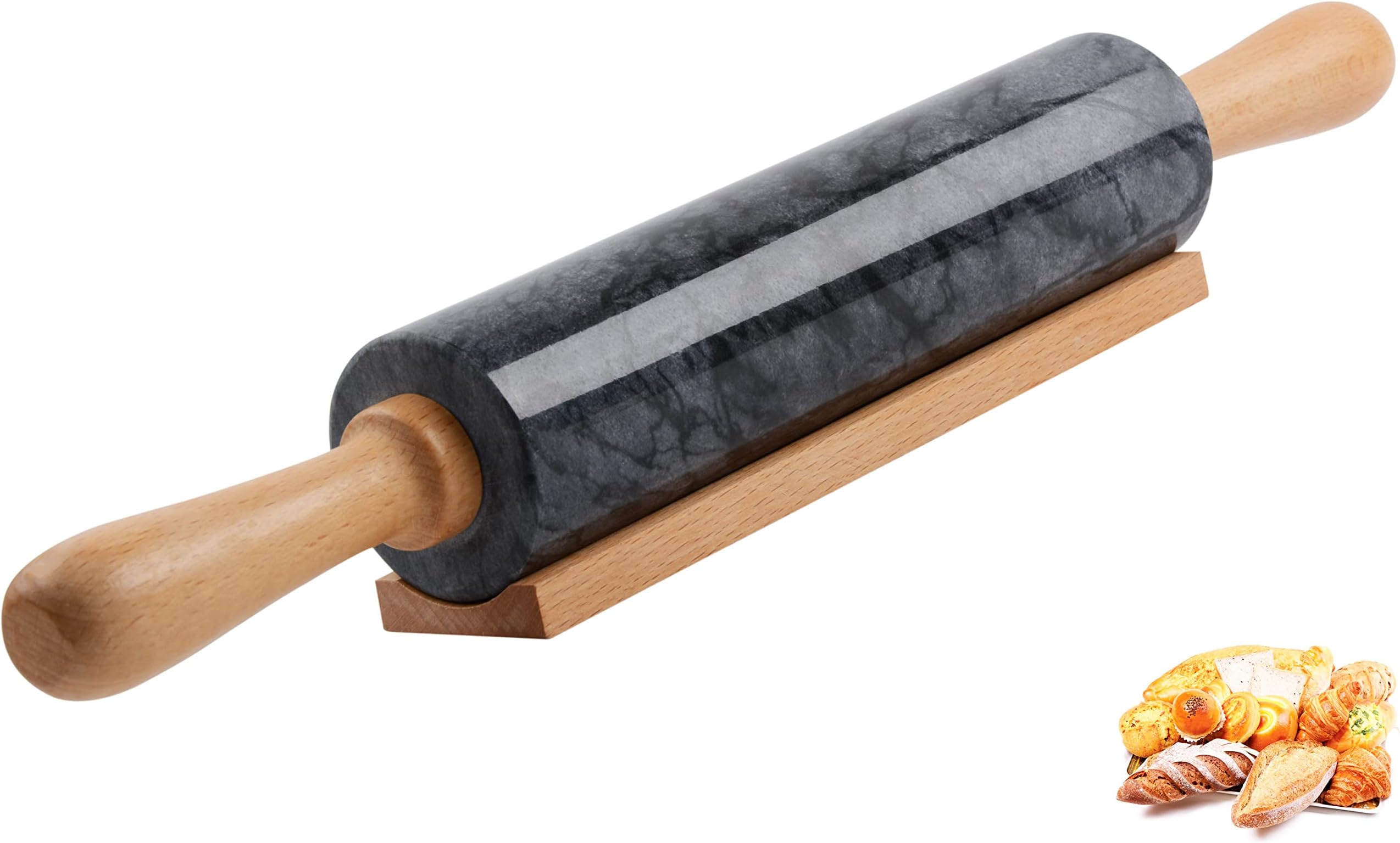 Marble Rolling Pin with Wooden Cradle Thick Handle Set for Baking,47cm (18.5") Premium Quality Polished Roller for Pizza Dough,Fondant,Pie Crust,Non-Stick Surface Easy to Clean(Black)