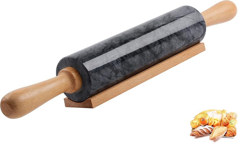 Rodillo de mármol con mango grueso de madera para hornear, rodillo pulido de calidad premium de 18,5 pulgadas para masa de pizza, fondant, corteza de pastel, superficie antiadherente fácil de limpiar (negro)