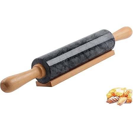 SIPARUI Marble Rolling Pin with Wooden Cradle Thick Handle Set for Baking,18.5 inch Premium Quality Polished Roller for Pizza Dough,Fondant,Pie Crust,Non-Stick Surface Easy to Clean(Black)