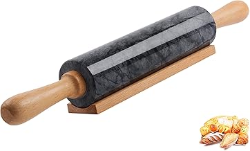 SIPARUI Marble Rolling Pin with Wooden Cradle Thick Handle Set for Baking,18.5 inch Premium Quality Polished Roller for Pizza Dough,Fondant,Pie Crust,Non-Stick Surface Easy to Clean(Black)