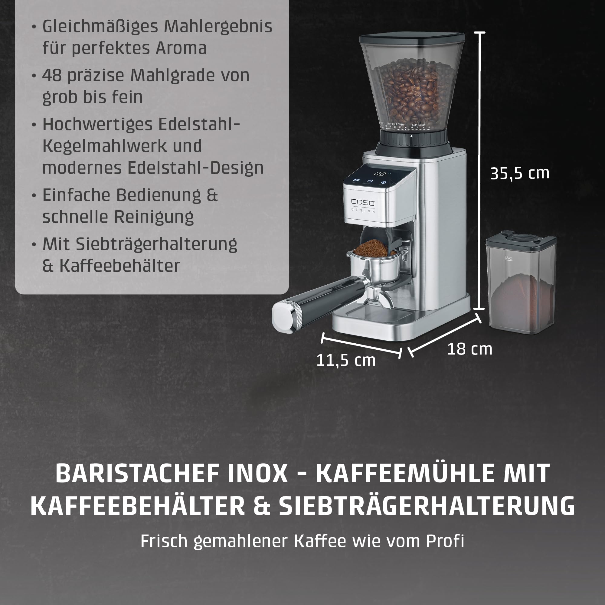 CASO BaristaChef Inox - elektrische Kaffeemühle, Testurteil: Sehr Gut, Edelstahl-Kegelmahlwerk, mit Siebträgerhalterung, 48 präzise Mahlgradstufen