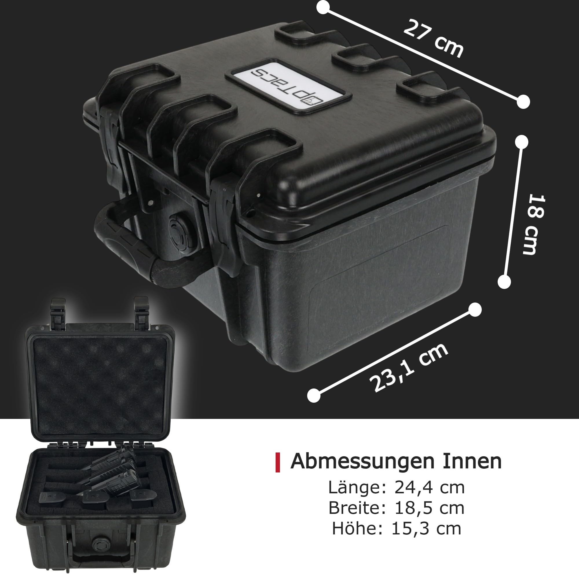 OpTacs Waffenkoffer Pistolenkoffer für Kurzwaffen mit Rasterschaumstoff abschließbar - Airsoft Pistole Gun Case 27x23x18cm wasserdicht für Waffen und Zubehör