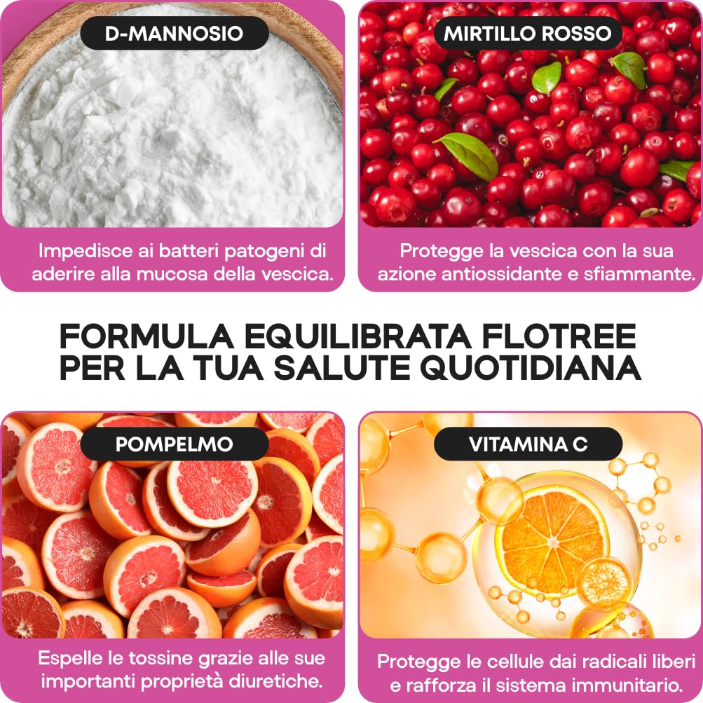 FloTree Lab® D Mannosio Cistite con Cranberry (Mirtillo Rosso), Pompelmo e Vitamina C, Dmannosio Puro 2000 mg, Integratore Vie Urinarie Donna Uomo Naturale, 40 Capsule