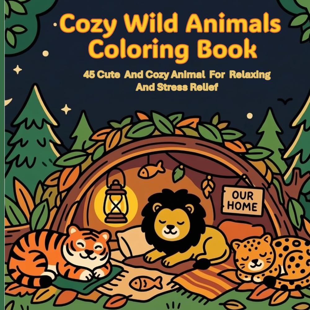 Cozy Wild Animals Coloring Book for Relaxation: 45 Cute and Cozy Animal Designs for Stress Relief, Bold and Easy Coloring Pages for Kids and Adults