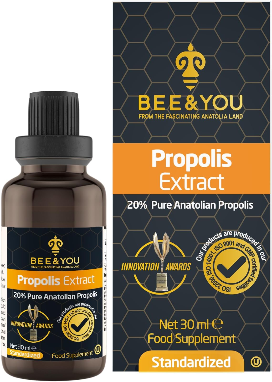 BEE&You Propolis Liquid Extract Drops, 20% Propolis, 30ml, Immune Support, Sore Throat Relief, Allergy Relief, Respiratory Support, Antioxidants, Keto, Paleo, Gluten-Free