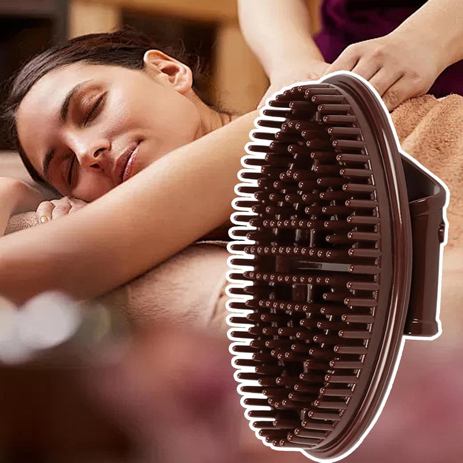 Meridian Body Brush superimposed on a person receiving a back massage
