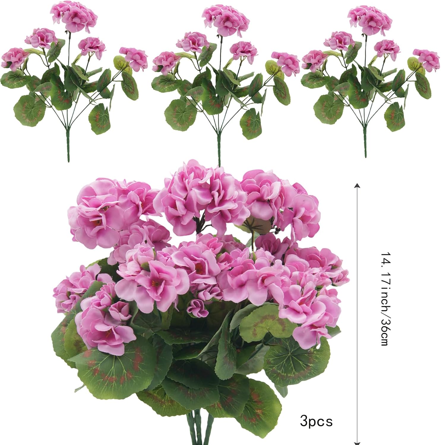 3Pcs Artificial Geraniums Flowers Silk Flowers Outdoor UV Resistant Bush Faux Flowers for Floral Home Decor Outdoor Indoor Garden Patio Grave Cemetary Vase Table Centerpiece(Purple Pink) - Image 2