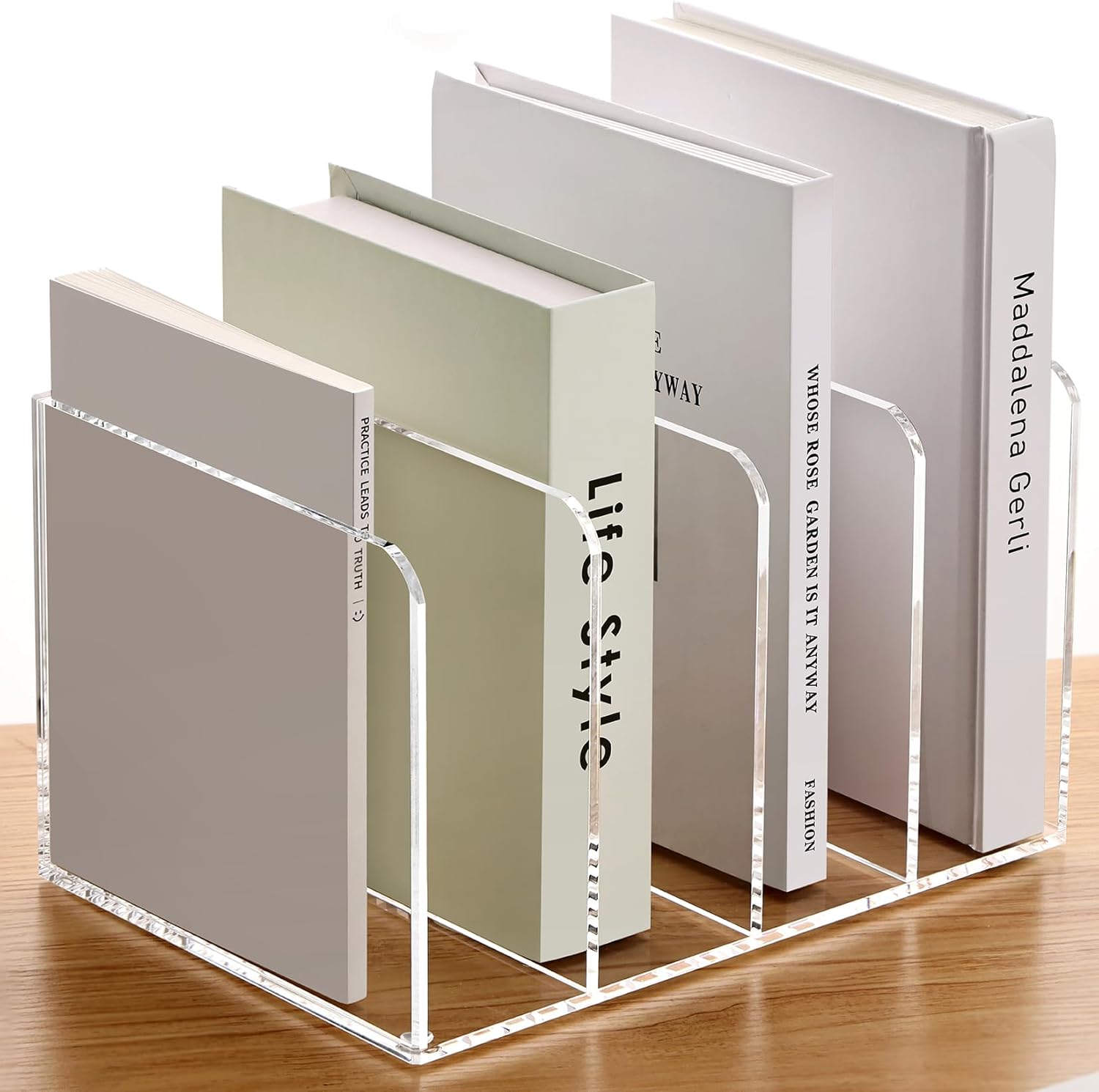 YUXUN Acrylic Desk File Organizer - 4 Section Vertical File Folder Rack, Clear Desktop Sorter for Home/Office/Classroom, Holds Magazines, Binders, Notebooks, Envelopes & Documents