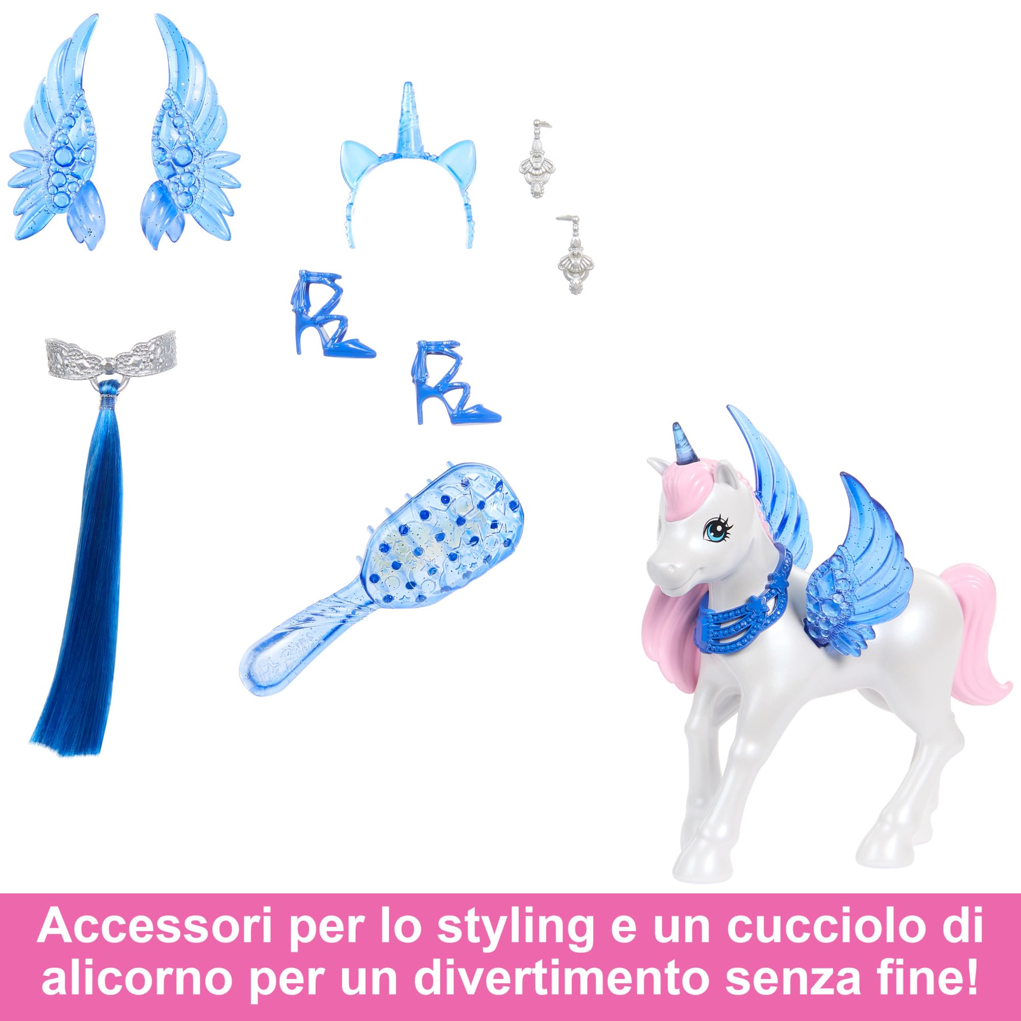 Barbie - Barbie Unicorno, bambola celebrativa del 65° anniversario con abito rosa e capelli blu, cucciolo di liocorno, ali di zaffiro e accessori inclusi, giocattolo per bambini, 3+ anni, HRR16