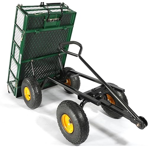 Yardsam Dump Garden Carts 800 lb Capacity, Heavy Duty Steel Garden Carts and Wagons with Removable Sides, Pullable Handles, 10in All-Terrain Wheels, Utility Liner, for Garden Lawn Yard Farm, Green