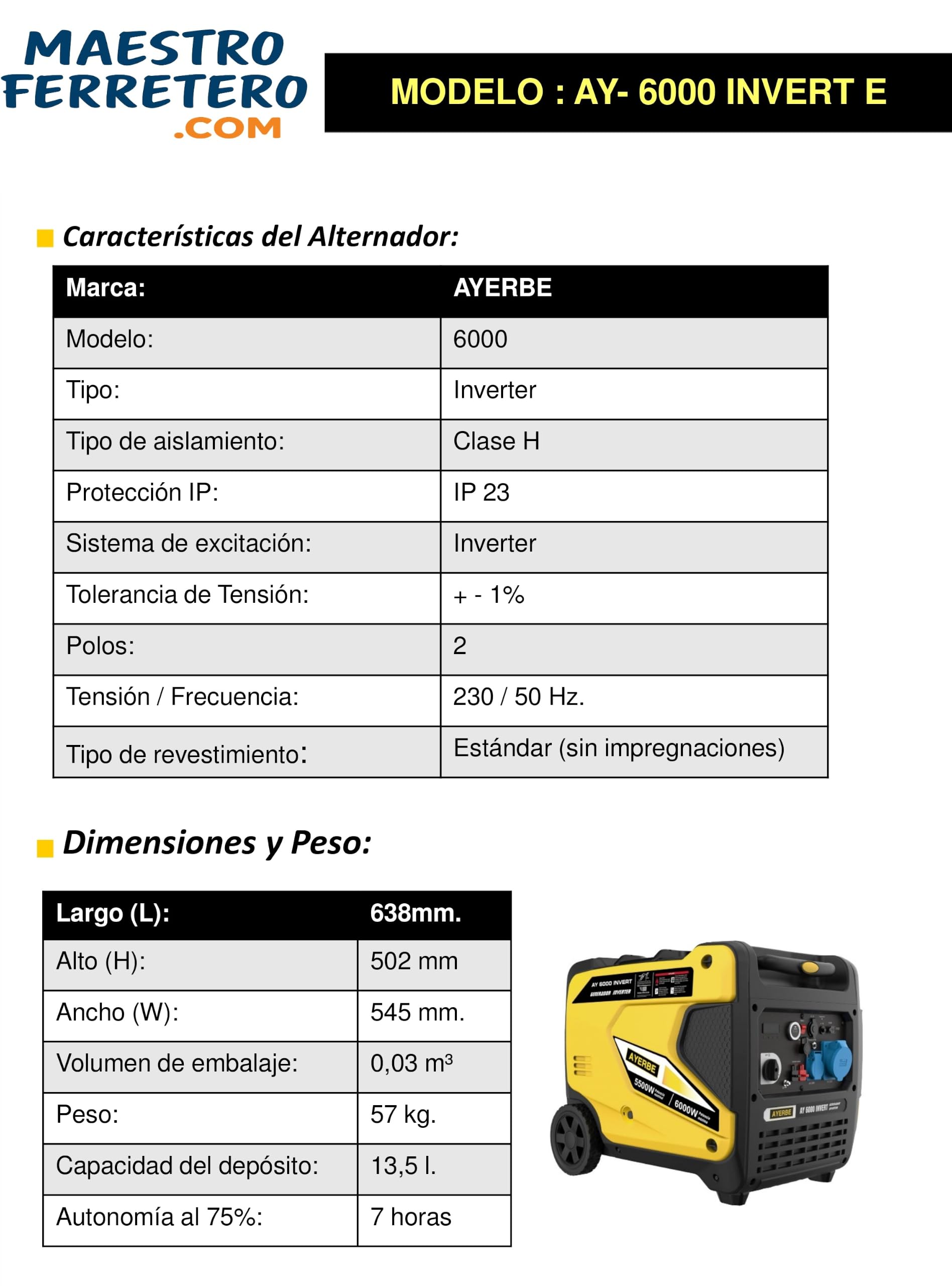 Generador Inverter AY-6000 con Arranque Eléctrico - Maestro Ferretero