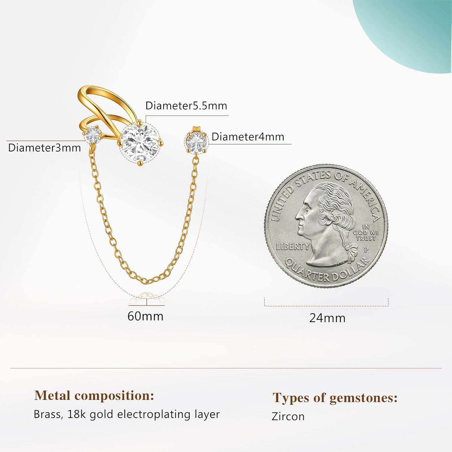 Cicy Bell Womens 18k Gold Plated Ear Cuff Stud Earrings Dainty Tassel Drop Dangle Clip On Gold Chain Climber Crawler Faux Diamond Round Cubic Zirconia Earrings Jewelry Gifts Birthday Party - Image 6