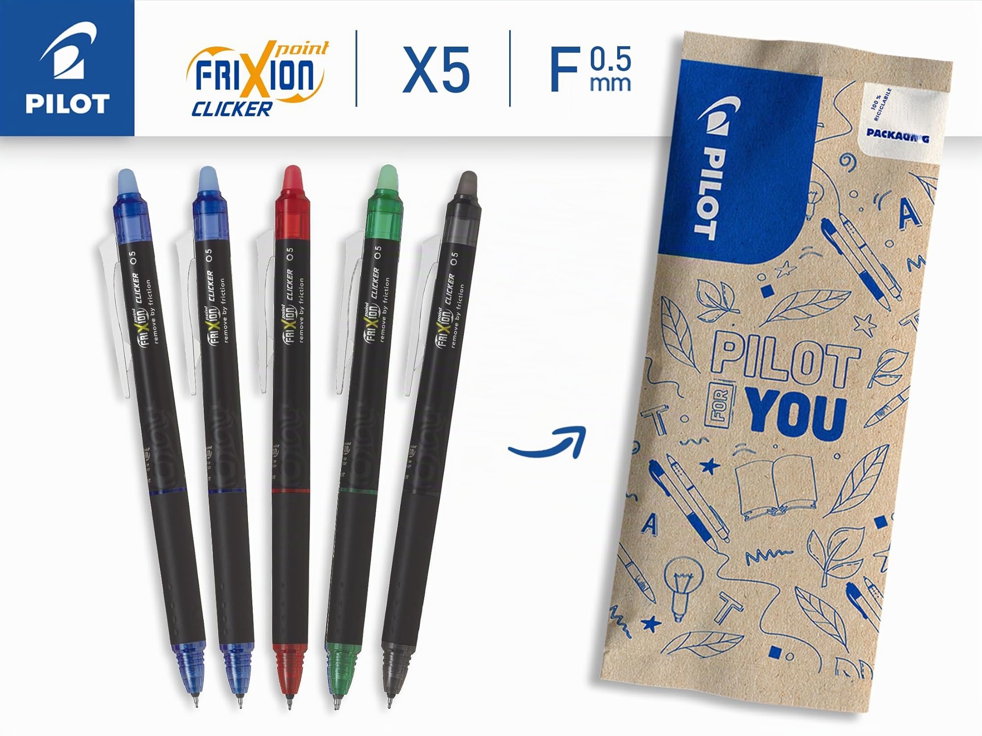 PILOT Set 5 FriXion Point Clicker Penne Cancellabili Gel Roller Ricaricabili Punta Fine