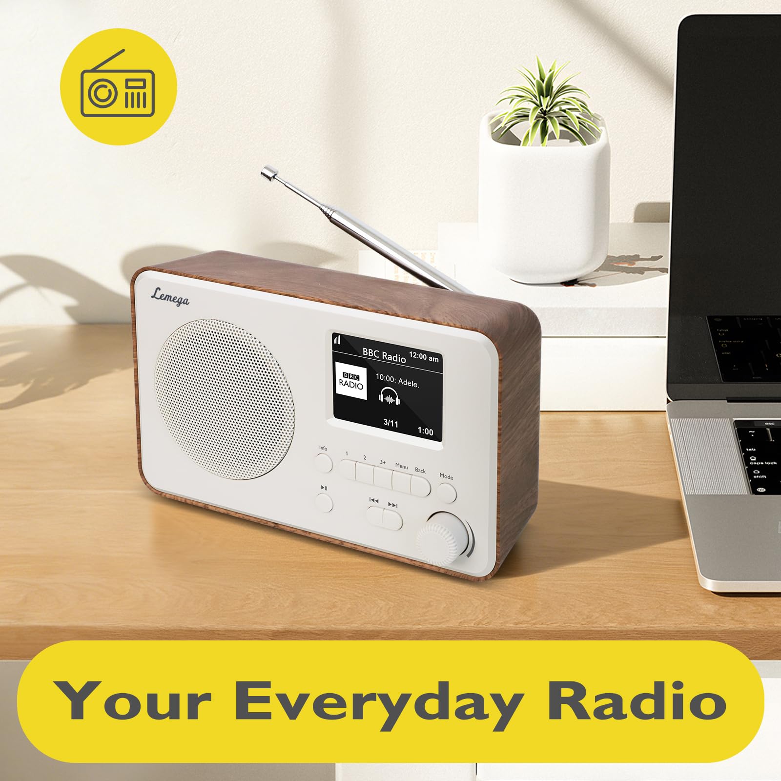 LEMEGA DR3-Max DAB+/DAB/FM Digitalradio – Mit Bluetooth, tragbares Radio mit 2,4 Zoll Farbdisplay, 80 Speicherplätzen, Kopfhöreranschluss, Netz- oder Batteriebetrieb,Walnuss