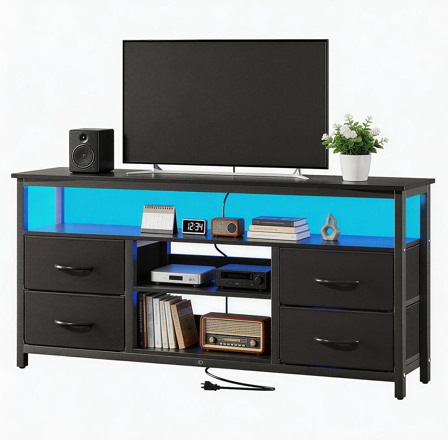 Haewon Black TV Stand for with LED Lights and Power Outlet, Entertainment Center for TVs up to 65 Inches with 4 Fabric Drawers and Open Shelf